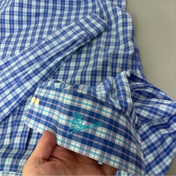 Peter Millar Blue Plaid Check Button Up Dress Shirt Men's Large Cotton Casual - Picture 8 of 13